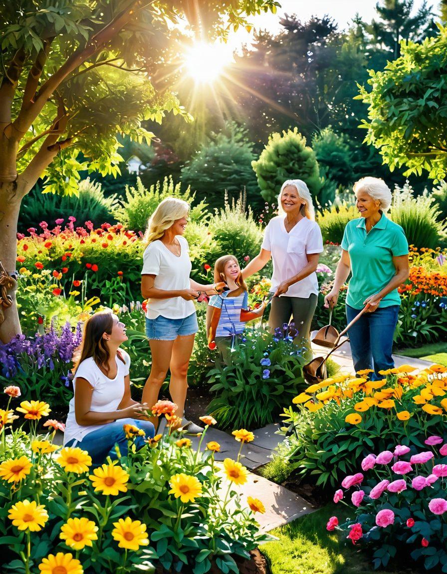 A radiant sun rising over a vibrant, blossoming garden filled with colorful flowers and green foliage. In the foreground, a diverse group of people of different ages and backgrounds are sharing joyful moments, laughing, and engaging in uplifting activities like gardening and enjoying nature. The scene conveys an atmosphere of happiness, connection, and positivity. Soft, warm colors enhance the feeling of joy and delight. watercolor style. vibrant colors.