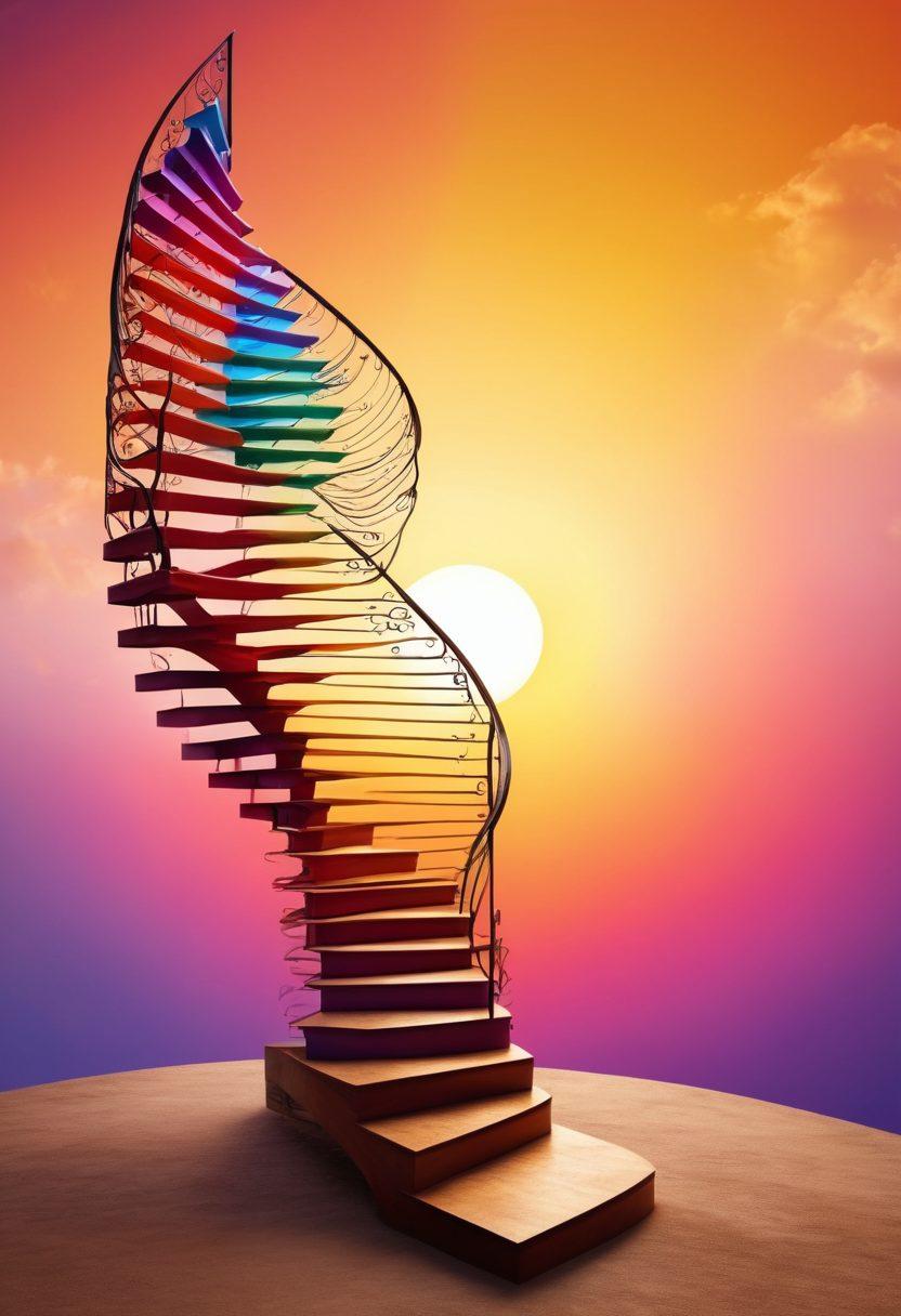 An abstract representation of a person joyfully climbing a winding staircase made of vibrant colors, symbolizing the journey from satisfaction to exhilaration. Inspirational quotes can be subtly integrated into the staircase. The background features a sunrise, representing new beginnings and elevated mindset. super-realistic. vibrant colors. soft focus.