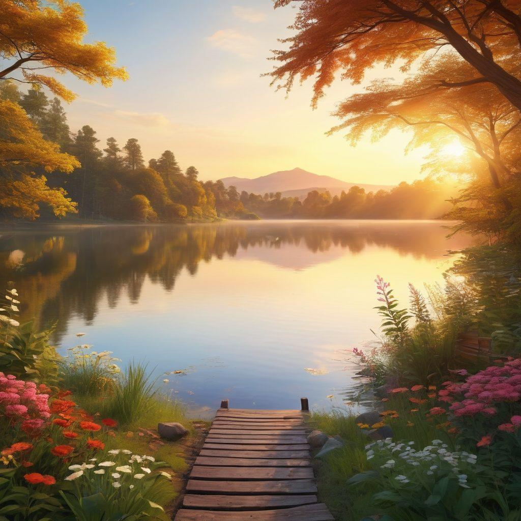 A serene landscape with a sunrise casting golden rays over a tranquil lake, symbolizing positivity and new beginnings. Include diverse people engaging in joyful activities like meditation, yoga, and laughter-filled gatherings in nature. Surrounding elements like blooming flowers and fluttering butterflies enhance the blissful atmosphere. Soft, warm colors dominate the scene to evoke feelings of happiness. super-realistic. vibrant colors. 3D.
